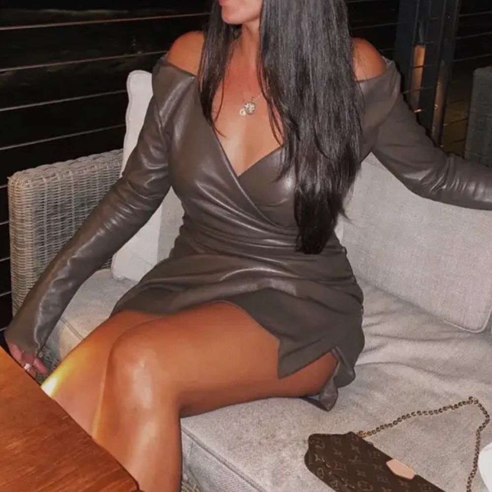 Nanushka Moha Faux Leathet Long Sleeve Off the Shoulder Mini Dress in Brown